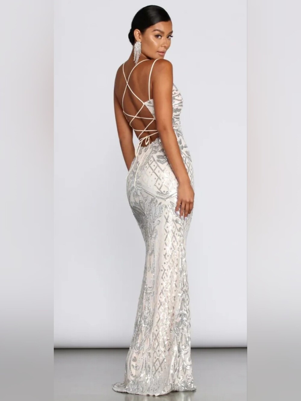 Windsor Ginger Embellished Sequin Long Evening Dress with Lace-Up Back - Picture 2 of 8